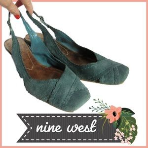 Teal Crossover Suede Wood Stacked Slingback